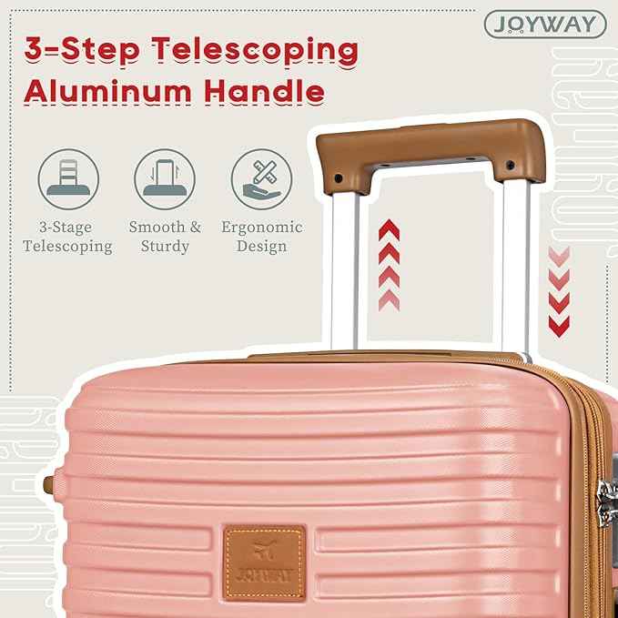 Joyway Expandable 24 Inch Luggage with Spinner Wheels, Lightweight Hard Shell Medium Checked Suitcase, 3 Piece Luggage Sets with TSA Lock, Pink Brown