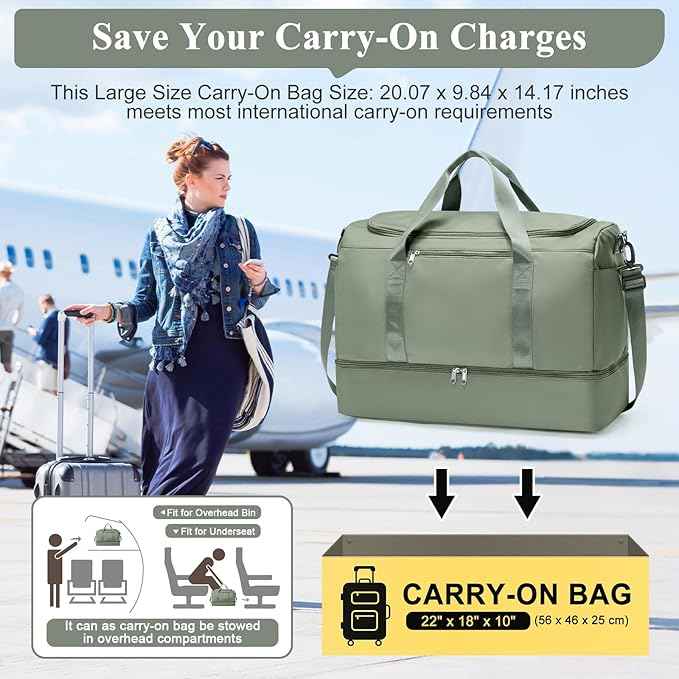 Large Travel Duffle Bag,Carry on Overnight Weekend Bag with Shoes Compartment,Weekender Bags for Women for Travel Business Trips Sport Hospital,3 Pcs Set,Olive Green