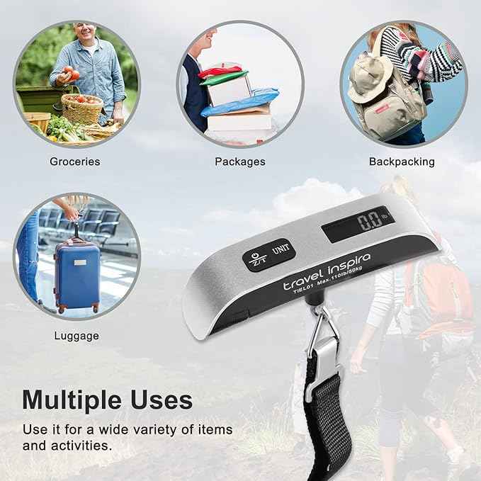 travel inspira Luggage Scale, Portable Digital Hanging Baggage Scale for Travel, Suitcase Weight Scale with Rubber Paint, 110 Pounds, Battery Included