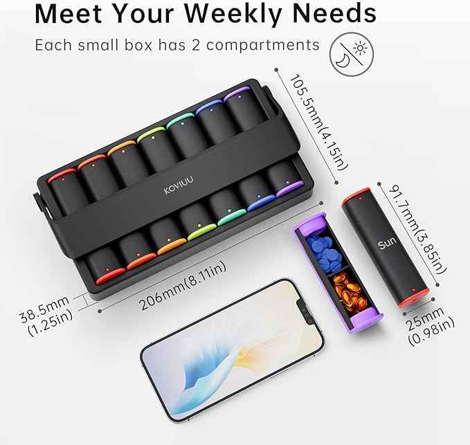 Weekly Pill Organizer 2 Times a Day, KOVIUU Large Travel Pill Box 7 Day, Am Pm Twice Daily Pill Case with Rotatable Handle, Week Pill Holder Container for Vitamin Medicine Supplement Fish Oil, Black