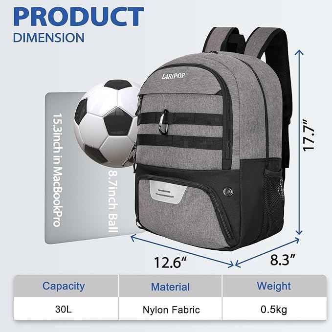 LARIPOP Soccer Backpack Soccer Bag with Ball Holder & Shoe Compartment Youth Sports Equipment Training Bag