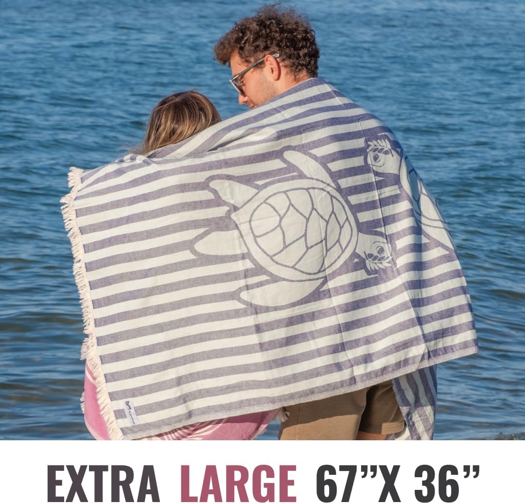Turkish Beach Towel - 100% Organic Cotton - Soft, Quick-Dry, Sand Proof, Prewashed - Lightweight & Oversized for Beach, Pool, Yoga, Bath, Travel, Gym, Throw - Turtlebay (Navy)