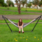 SZHLUX Double Hammock with Stand Included 450lb Capacity Steel Stand, Premium Carry Bag Included and Two Anti Roll Balance Beam, Portable Hammock with Stand for Backyard, Camping,Garden Brown Stripes