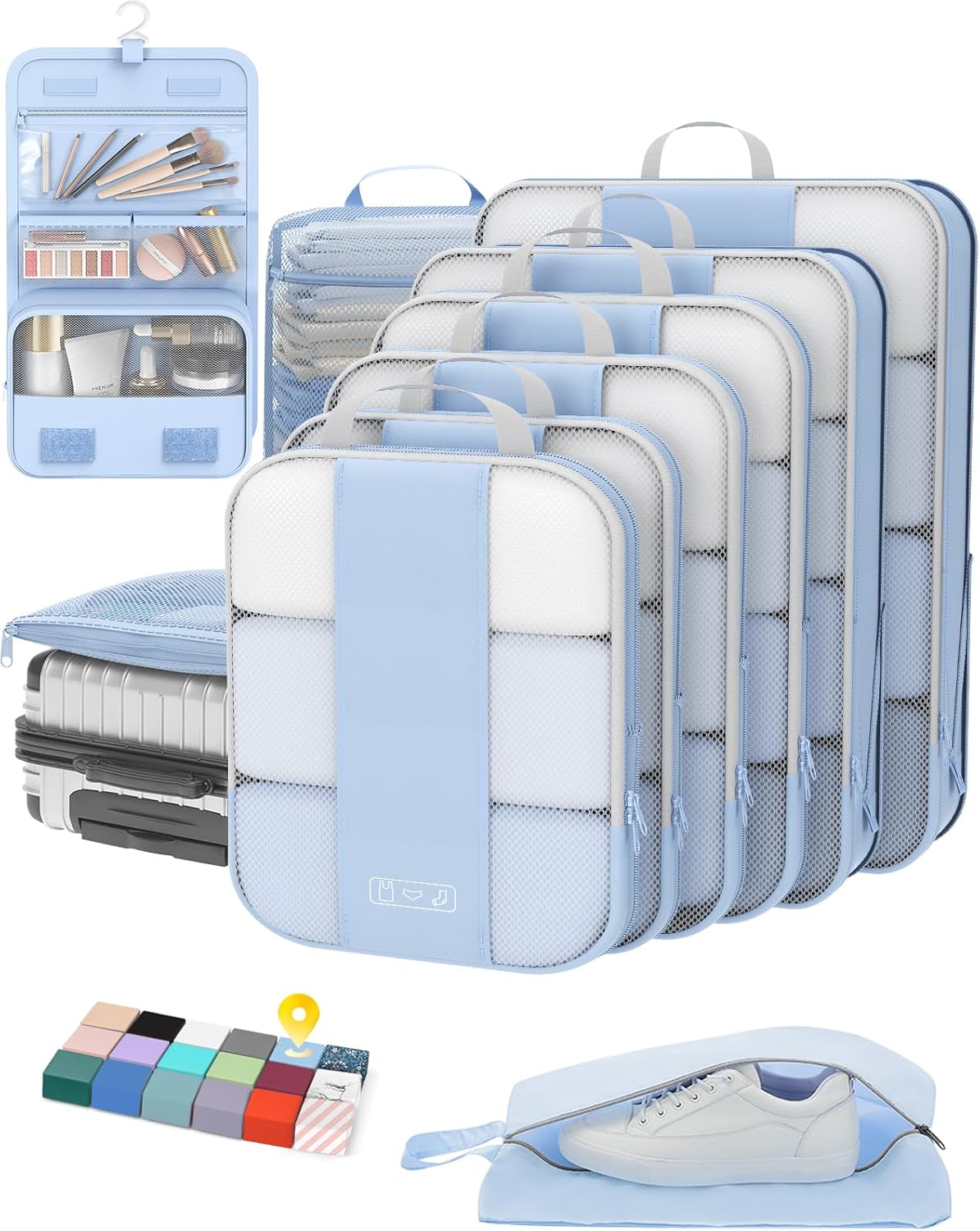 10 Set Compression Packing Cubes for Travel Essentials,Compressible Expandable Packing Cubes for Suitcase,OlarHike Luggage Organizer Bags for Travel,Handy Helper for Organizing Clothes(Light Blue) - Roamly