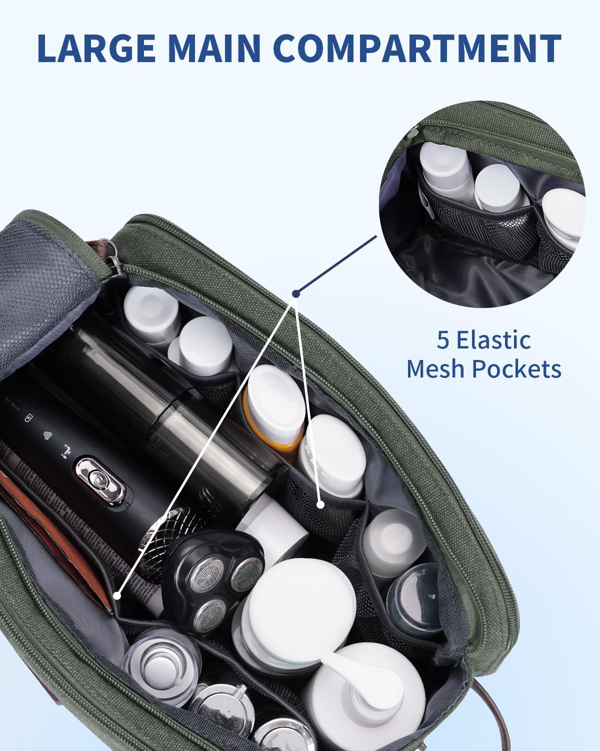 WANDF Toiletry Bag for Men Travel Toiletry Organizer Canvas and Leather Dopp Kit Water-Resistant Shaving Bag for Travel Accessories (Green, Large) - Roamly