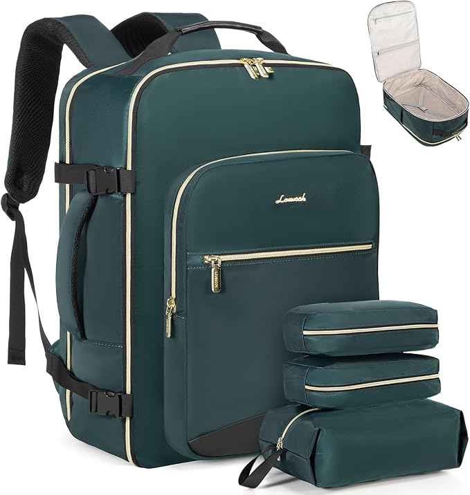 LOVEVOOK Travel Backpack for Women & Men 50L,Airline Approved Carry On Backpack Travel Essentials,TSA Carry on Luggage,Waterproof Personal Item Travel Bag,Suitcase with 3 Packing Cube,Dark green-Black