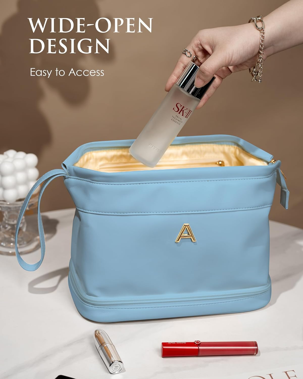 Initial Large Makeup Bag, Gift for Women Personalized Double Layer Cosmetic Bag with Makeup Brush Organizer, Teacher Gift, Large Capacity PU Leather Travel Toiletry Bag Graduation Gift
