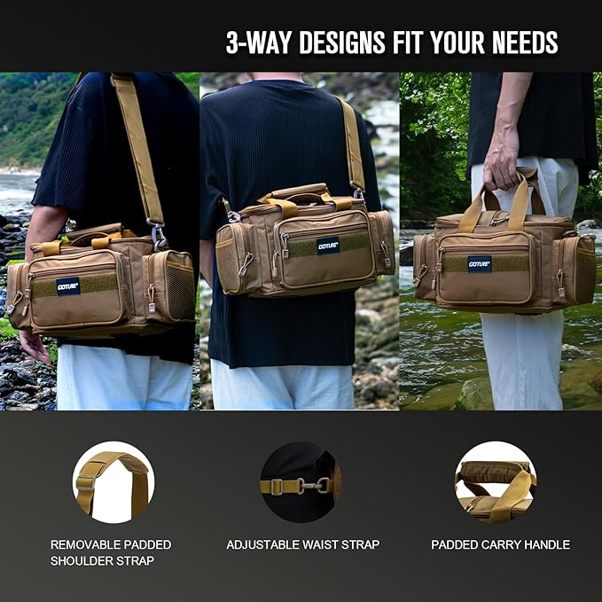 Goture Fishing Tackle Bag with 4 Tackle Boxes, Soft Side 600D Water-Resistant Cross Body Sling Fishing Bag, Small Saltwater Gear Storage Tactical Bags, Gifts for Men/Women (15.75"x9.45"x8.27")