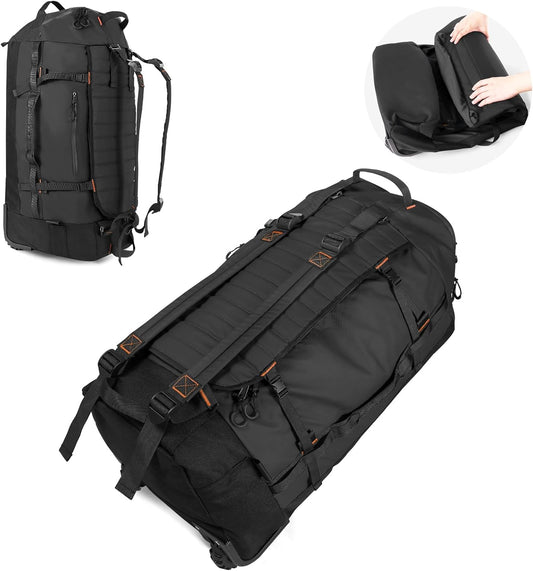 Vomgomfom 86L Collapsible Wheeled Luggage with Removable Backpack Straps,Waterproof Rolling Duffle Bag with Quilted Base,No Telescope Handle,Black - Roamly
