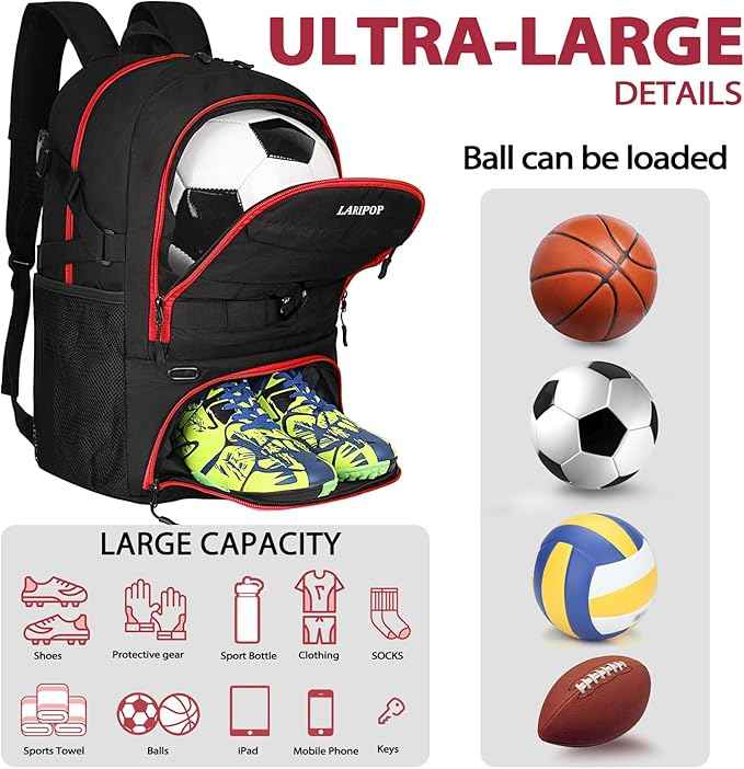 LARIPOP Soccer Backpack Soccer Bag with Ball Holder & Shoe Compartment Youth Sports Equipment Training Bag