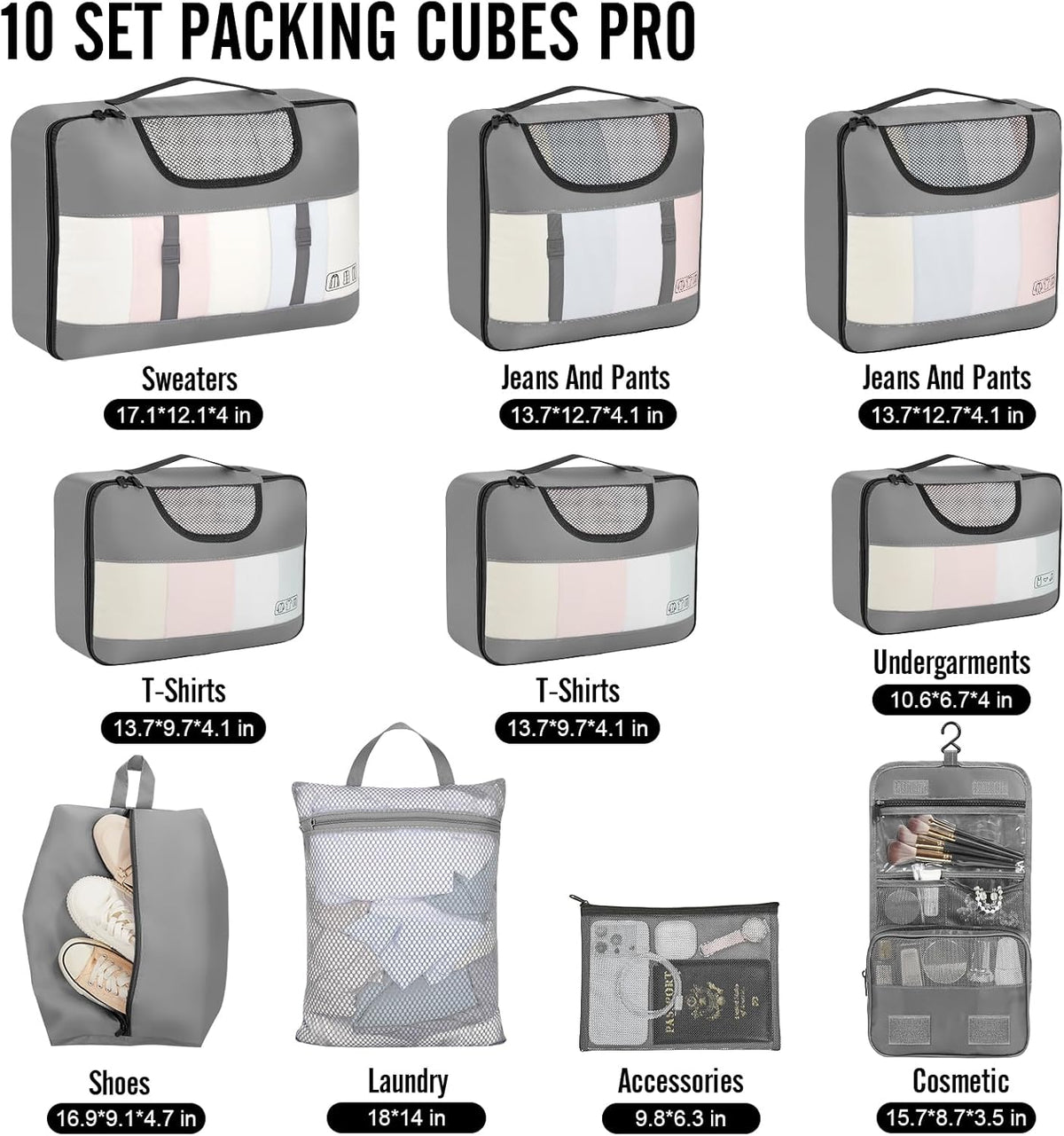 Veken 10 Set Packing Cubes for Travel Essential, Suitcase Organizer Bags in 4 Sizes, Carry-On Luggage Accessories with Large Laundry & Hanging Toiletry Bag, Must-Have for Airplane, Road Trip & Camping - Roamly