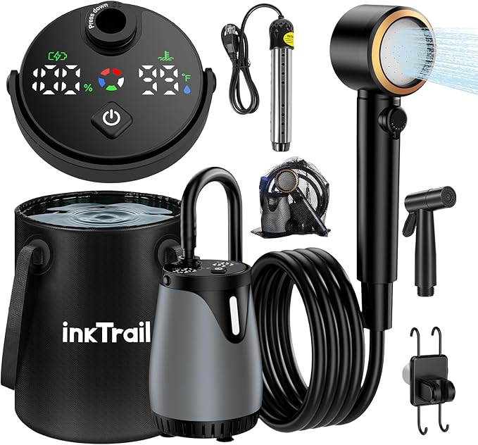 New Gen Portable Camping Shower, Long-Lasting 6000mAh Rechargeable Camp Shower with Shower Head & Sprayer,Upgraded Pressure,5 Spray Modes,IPX8 Waterproof Outdoor Camp Pump for Hiking, Travel, Car, Pet
