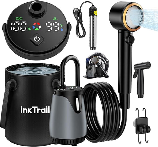 New Gen Portable Camping Shower, Long-Lasting 6000mAh Rechargeable Camp Shower with Shower Head & Sprayer,Upgraded Pressure,5 Spray Modes,IPX8 Waterproof Outdoor Camp Pump for Hiking, Travel, Car, Pet