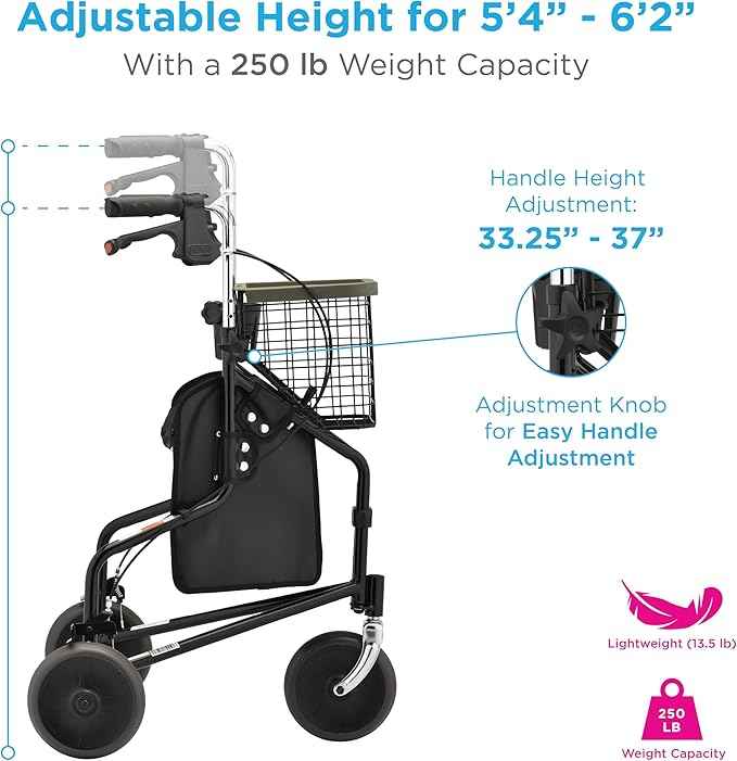 NOVA Traveler Folding 3-Wheel Walker with Tray, Basket, Pouch & Cup Holder, Lightweight Mobility Aid for Seniors & Adults, 8” All-Terrain Wheels for Tight Spaces & Travel, Black