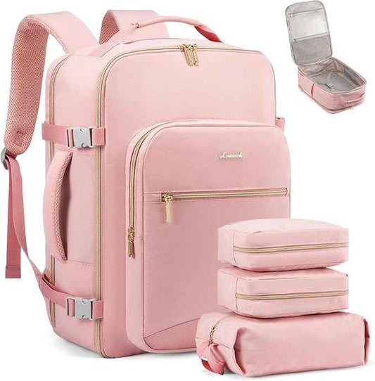 LOVEVOOK Travel Backpack for Women & Men 40L,Airline Approved Carry On Backpack Travel Essentials,TSA Carry on Luggage,Waterproof Personal Item Travel Bag,Suitcase with 3 Packing Cubes,Pink-Pink