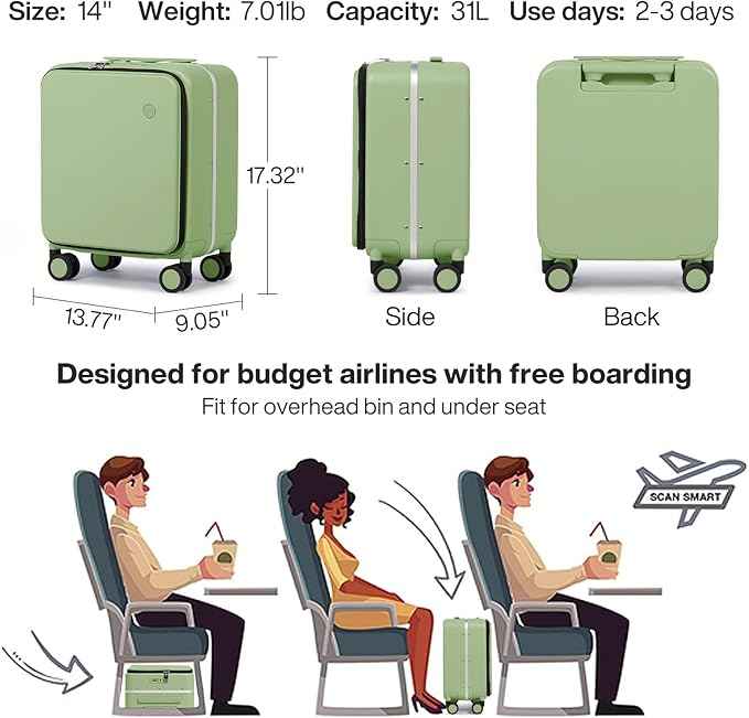 mixi 17x14x9 Carry On Luggage Underseat PC Hard Shell Suitcase Top Opening Aluminum Frame Travel Suitcases with Wheels, Avocado Green