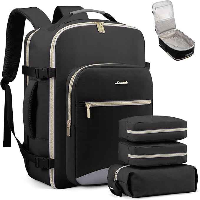 LOVEVOOK Travel Backpack for Women & Men 50L,Airline Approved Carry On Backpack Travel Essentials,TSA Carry on Luggage,Waterproof Personal Item Travel Bag,Suitcase with 3 Packing Cubes,Black-Grey