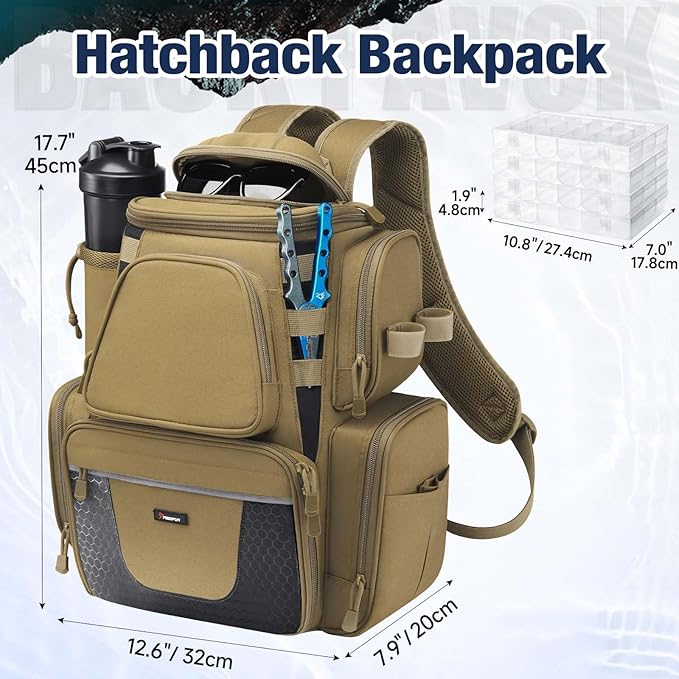 Piscifun Fishing Backpack with 2 Rod Holders & 4 Tackle Boxes, Large Tackle Storage Bag With Rain Cover for Fishing Gear