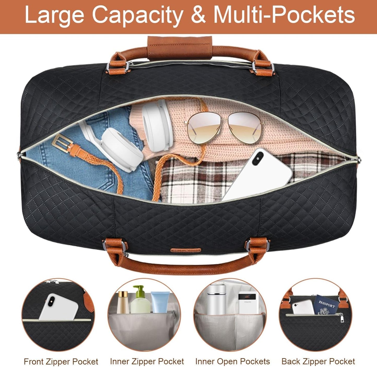 Weekender Bag for Women, Travel Duffel Bag Carry On Overnight Bag with Shoe Compartment Large Nylon Travel Weekend Tote Bag - Roamly