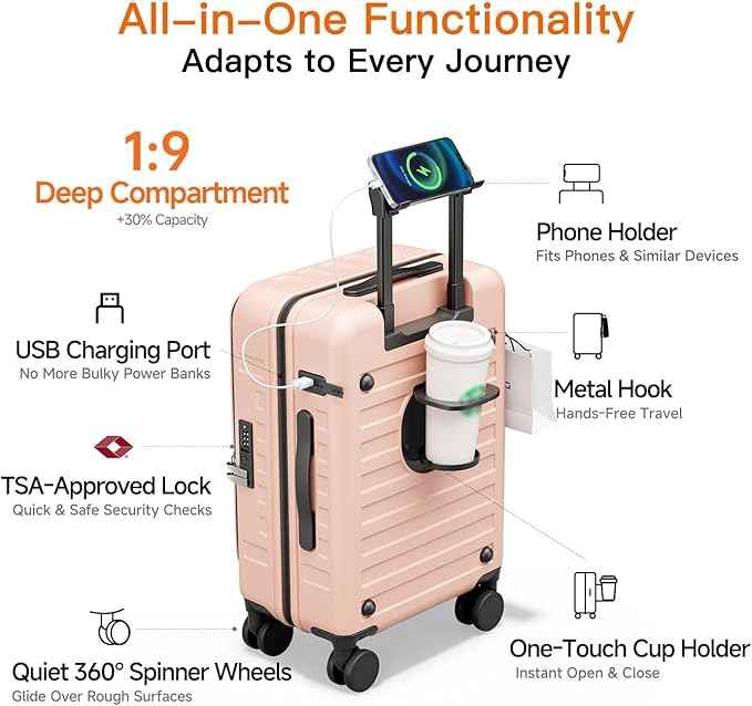 Expandable Lightweight PC Hard Shell Suitcase, 20-inch Luggage with TSA Lock, Top Opening & Cup Holder - Ideal for Business Travel Suitcase (Pink, Carry-on 20-Inch)