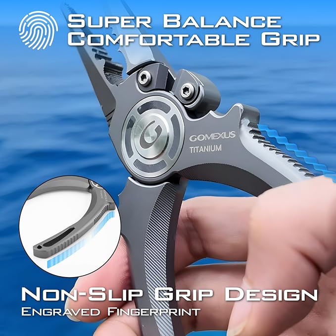 GOMEXUS Titanium Fishing Pliers 7'' with Side Cutters, Lanyard & Leather Sheath, Never Rust Hook Remover, Saltwater Resistant, Inshore & Nearshore Fishing (Straight Nose, 7 INCHES)