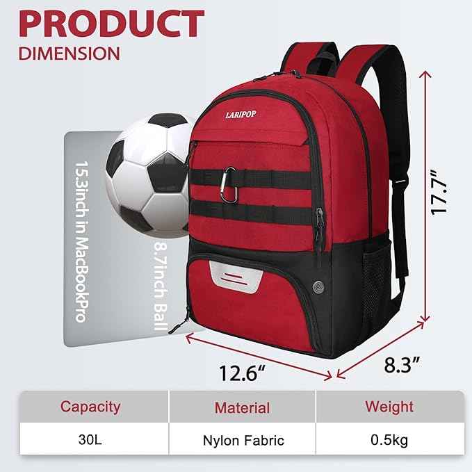 LARIPOP Soccer Backpack Soccer Bag with Ball Holder & Shoe Compartment Youth Sports Equipment Training Bag