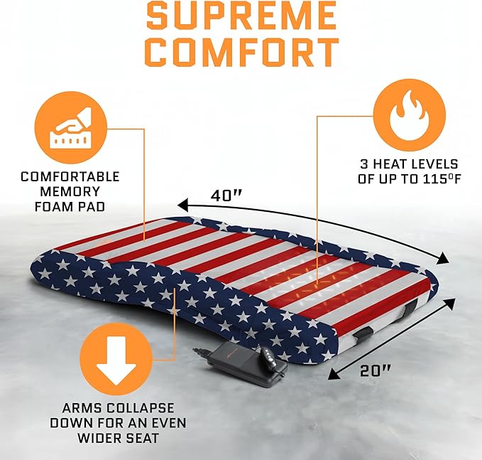 ACELETIQS Heated Stadium Seats for Bleachers with Back Support – USB Battery Included - Upgraded 3 Levels of Heat - Foldable Chair - 4 Pockets, Cup Holder - for Camping, Games & Sports (USA Flag)