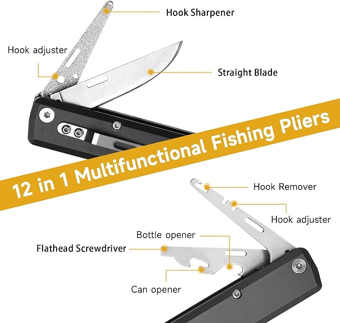12-in-1 Saltwater Fishing Pliers & EDC Multitool, Titanium Coated Marine-Grade Stainless Steel Folding Pliers, Gifts for Men, Compact Pen-Sized Braid Cutter, Hook Remover & Split Ring fishing gear