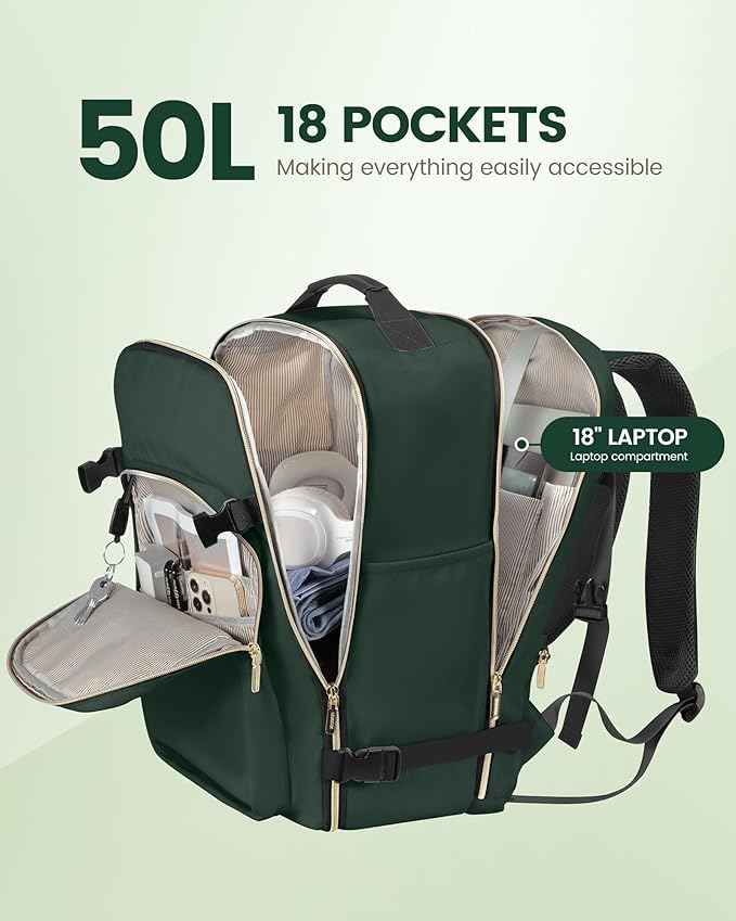 LOVEVOOK Travel Backpack for Women & Men 50L,Airline Approved Carry On Backpack Travel Essentials,TSA Carry on Luggage,Waterproof Personal Item Travel Bag Suitcase,3 Packing Cubes,Dark green-Black-1