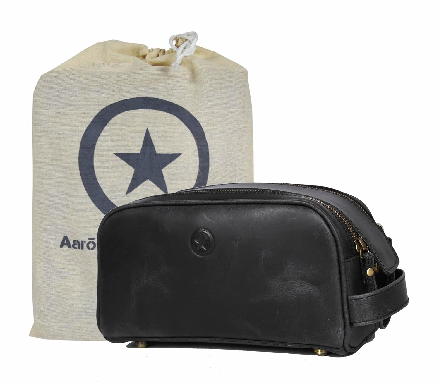 10" Premium Leather Toiletry Travel Pouch With Waterproof Lining Black Color | King-Size Handcrafted Vintage Dopp - Kit ~ Gift for Father's Day By Aaron Leather Goods - Roamly
