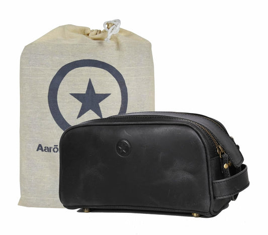 10" Premium Leather Toiletry Travel Pouch With Waterproof Lining Black Color | King-Size Handcrafted Vintage Dopp - Kit ~ Gift for Father's Day By Aaron Leather Goods - Roamly
