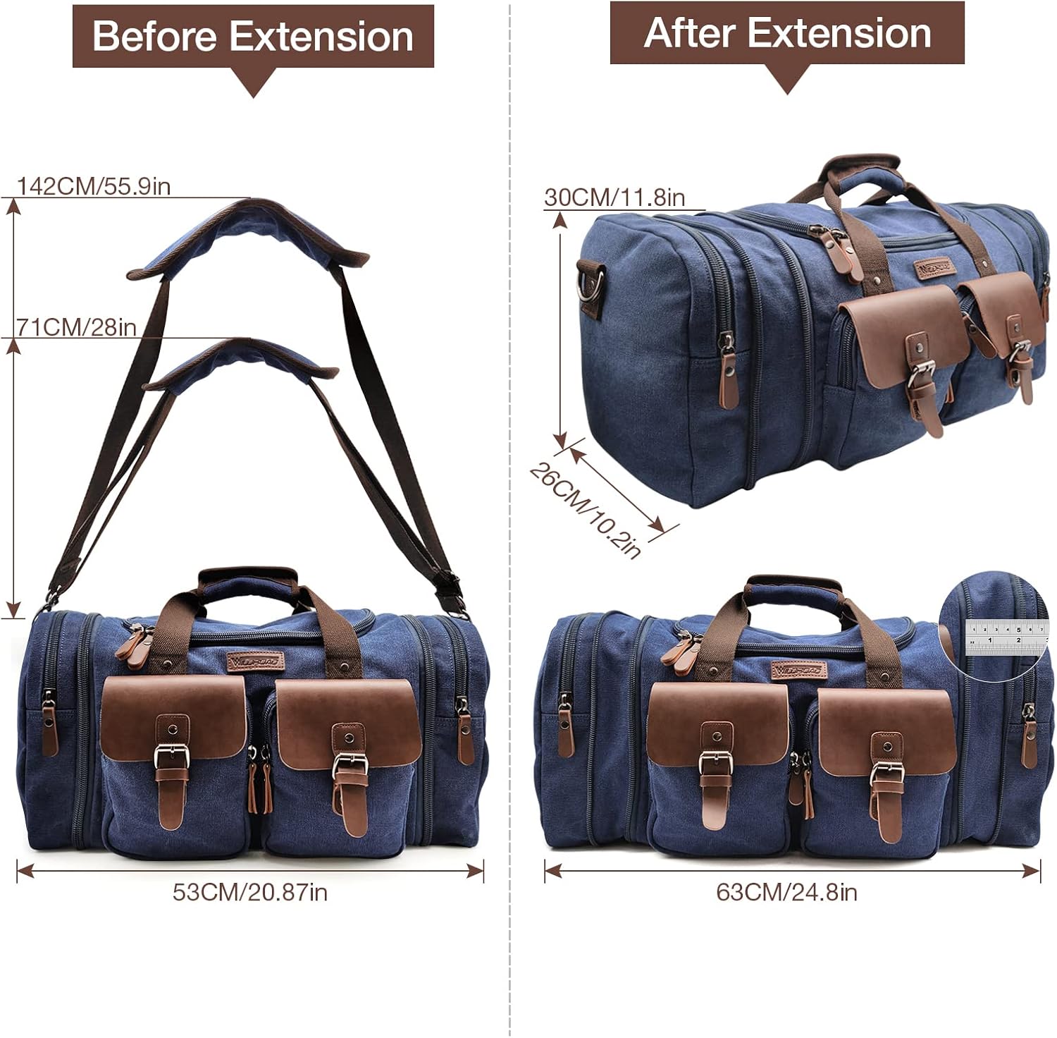 Wildroad 50L Travel Duffel Bag, Expandable Canvas Genuine Leather Duffle Bag Upgraded Overnight Weekender Carry on Bag - Roamly