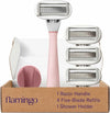 Flamingo Shaving Razor Set for Women - Original Razor Handle, 4 Blade Refills, and Shower Holder - Rose