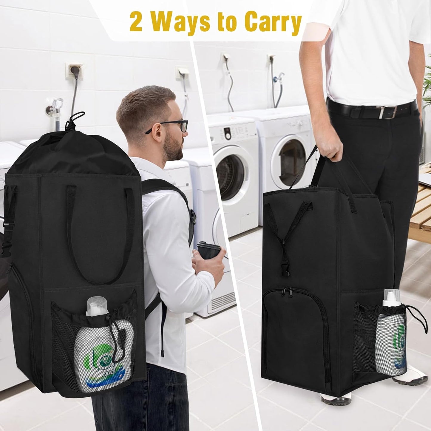 Laundry Bag Backpack Extra Large, 110L Laundry Backpack Heavy Duty with Shoulder Straps, Collapsible and Mesh Pocket Dorm Laundry Basket Hamper Bag for College, Travel, Laundromat, Apartment Black