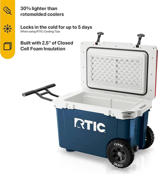 RTIC 52 Quart Ultra-Light Wheeled Hard Cooler Insulated Portable Ice Chest Box for Beach, Drink, Beverage, Camping, Picnic, Fishing, Boat, Barbecue, 30% Lighter Than Rotomolded Coolers