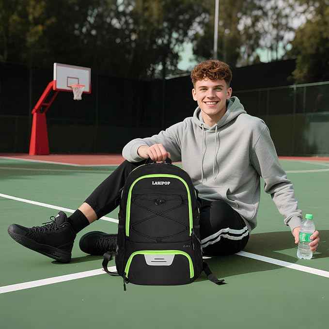 LARIPOP Basketball Bag, Sports Backpack with Ball Holder & Shoe Compartment, Water Resistant Gym Bag for Soccer Volleyball Travel