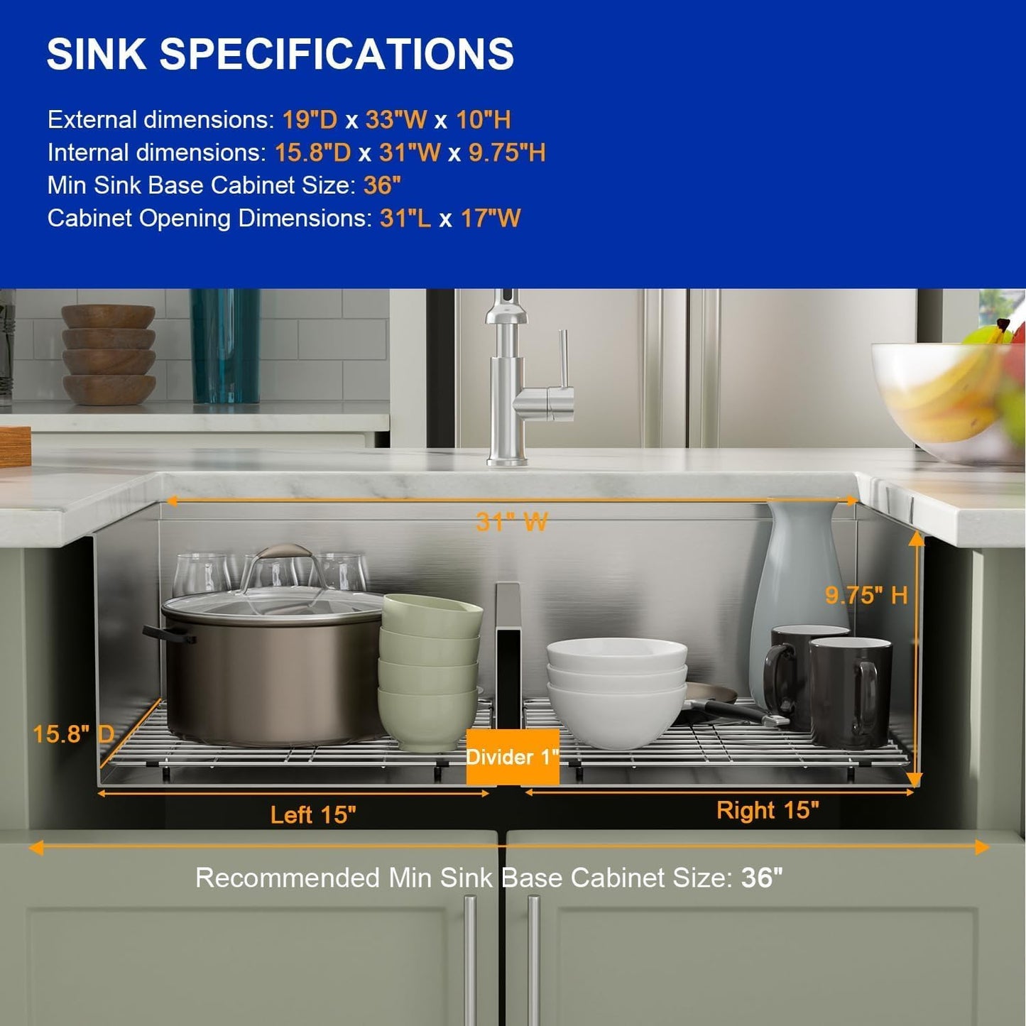 Dcolora 33 In. Double Bowl Kitchen Sink Undermount Sink Workstation Stainless Steel 50/50 Split Low Divided 16 Gauge Under Counter Basin, 33"x19"x10",DC-U-1111