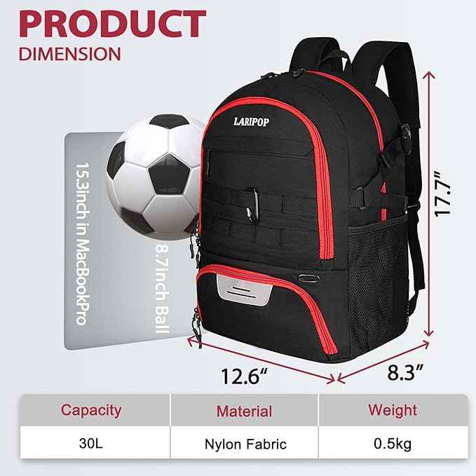LARIPOP Soccer Backpack Soccer Bag with Ball Holder & Shoe Compartment Youth Sports Equipment Training Bag