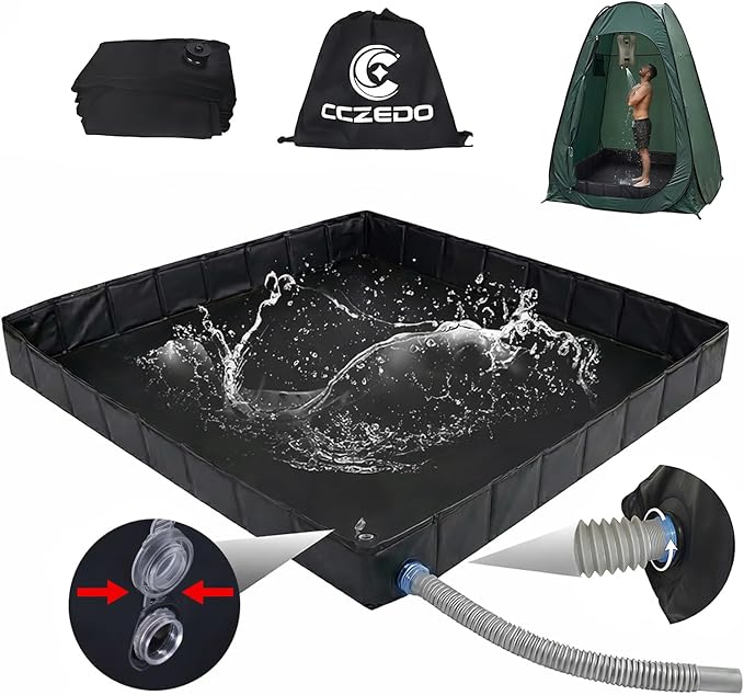 Upgraded Portable Shower Pan 41" x 41" x 5", Foldable Camping Shower Base with Waterproof Storage Bag, Dual Drain Holes, for RV Camping Outdoor Indoor & Portable Showers