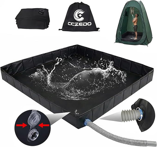 Upgraded Portable Shower Pan 41" x 41" x 5", Foldable Camping Shower Base with Waterproof Storage Bag, Dual Drain Holes, for RV Camping Outdoor Indoor & Portable Showers