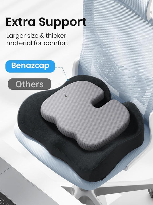 Benazcap Ergonomic Seat Cushion -Large Memory Foam Office Chair Cushion Seat Pad - Sciatica & Lower Back Pain Relief - Car Seat Cushions for Driving Seat Cushions