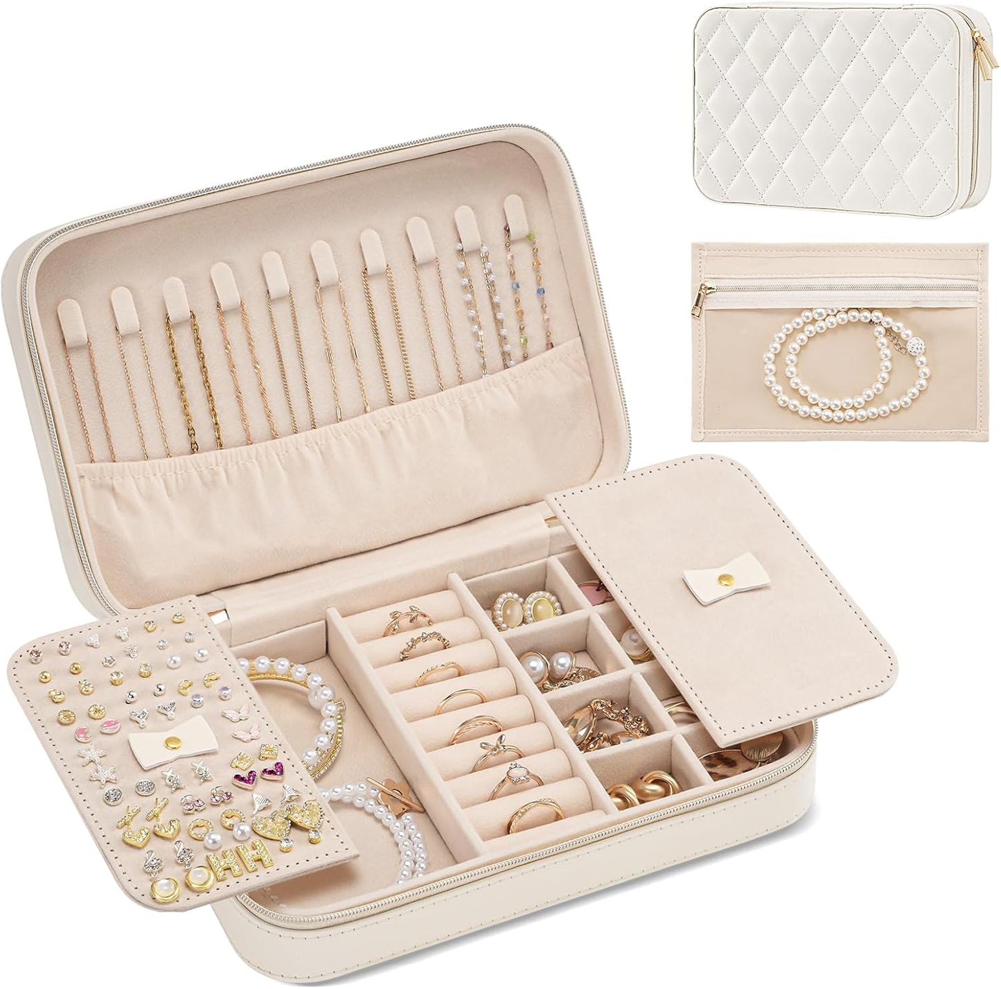 Lolalet Travel Jewelry Case for Women, Travel Jewelry Organizer Box with Mirror & Clear Storage Bag, Small Portable Traveling Earring Necklace Bracelet Ring Case, Bridesmaid Gifts -Medium, White