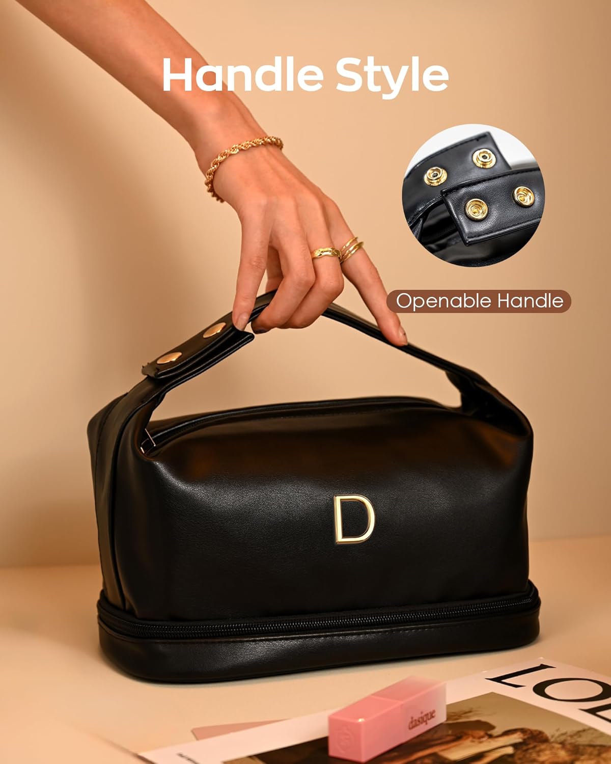 Young Women Gifts, Personalized Makeup Bag with Handle, Cool Gifts for Her Cosmetic Bag with Makeup Brush Organizer, PU Leather Travel Toiletry Bag, Gifts for Friends Female Mom - Roamly