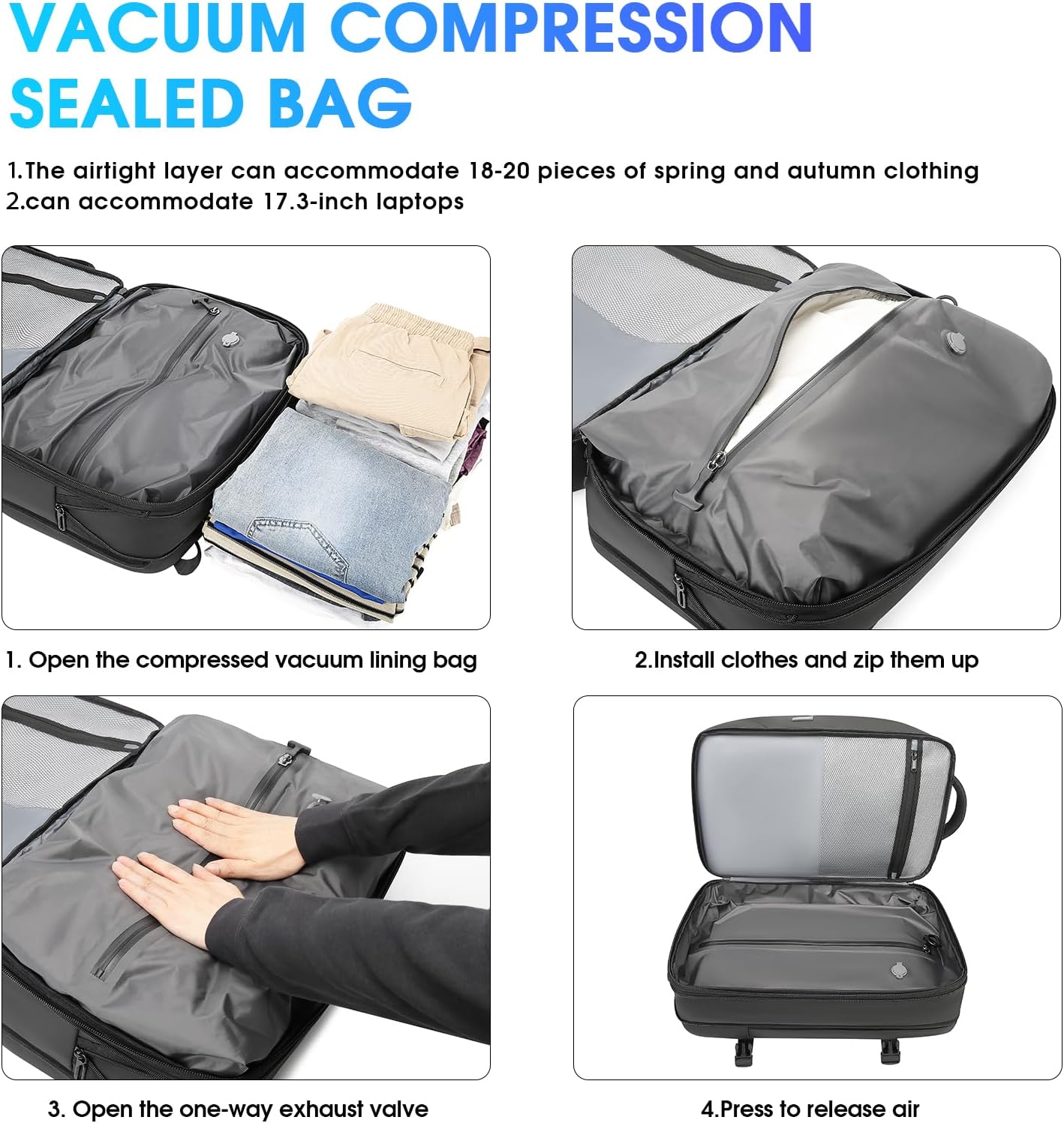 Vacuum Backpack for Men,50L Expandable Compression Backpack With Vacuum Seal, 17.3 Inch Water Resistant Laptop Backpack with USB Charging Port-Not Vaccum Pump Included