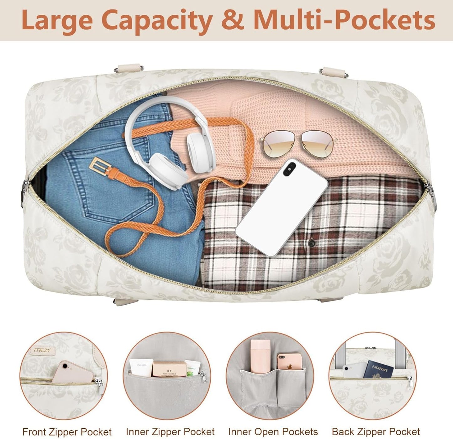 Weekender Bag for Women, Travel Duffel Bag Carry On Overnight Bag with Shoe Compartment Large Nylon Travel Weekend Tote Bag - Roamly
