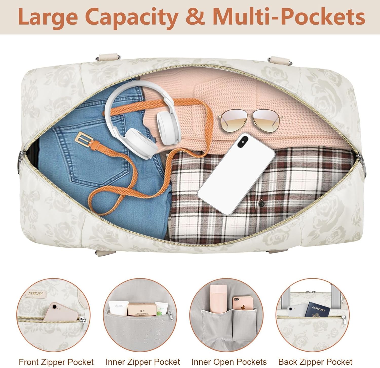 Weekender Bag for Women, Travel Duffel Bag Carry On Overnight Bag with Shoe Compartment Large Nylon Travel Weekend Tote Bag - Roamly