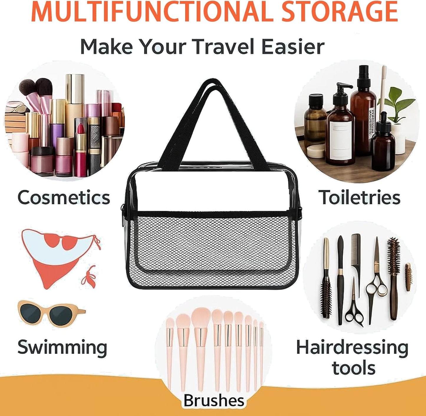 XEWEA 2PCS Small TSA Approved Clear Travel Toiletry Bags for Men Women,Transparent Makeup Cosmetic Bag with Handle,Waterproof PVC Quart Organizer Storage Pouch for Toiletries Airline Essential, Balck - Roamly