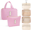 YOOLIFE Travel Toiletry Bag for Women - Hanging Toiletry Bag Initial Makeup Bag, Portable Toiletries Cosmetic Bag, Airplane Travel Essentials - Letter I, Pink