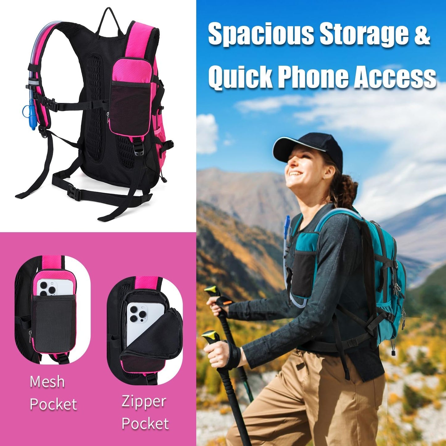 Hydration Backpack Pack with 2L Water Bladder 18L Hiking Backpack Women Men Lightweight Hydropack Insulated Daypack for Biking, Running, Festival - Roamly