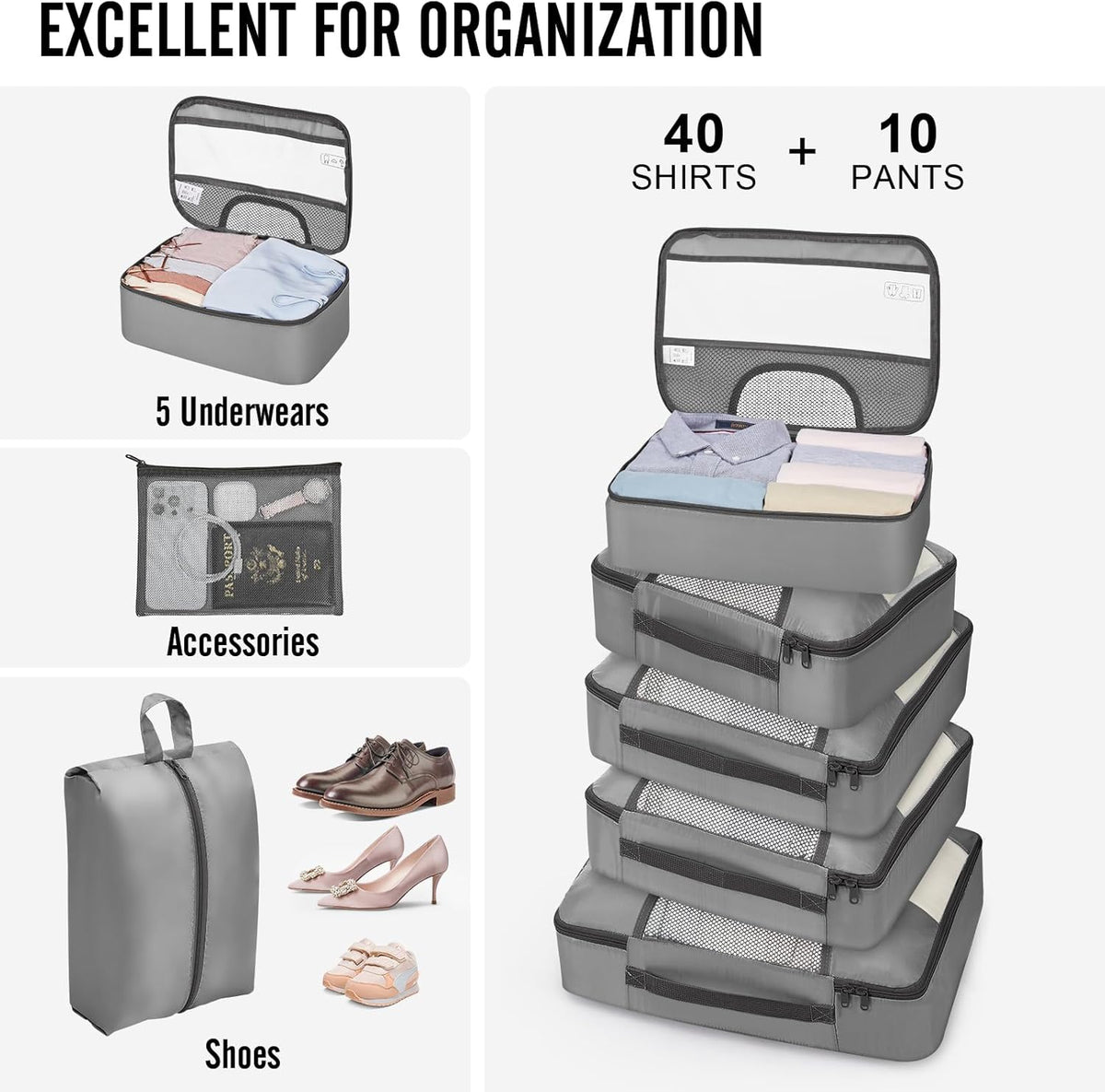 Veken 10 Set Packing Cubes for Travel Essential, Suitcase Organizer Bags in 4 Sizes, Carry-On Luggage Accessories with Large Laundry & Hanging Toiletry Bag, Must-Have for Airplane, Road Trip & Camping - Roamly